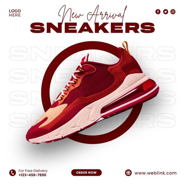 A clean, centered product hero shot of a red and pink sneaker on a white background, framed by a bold circular accent and clear, minimal typography.