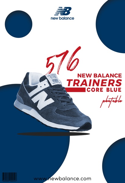 A clean, high-contrast product-focused advertisement featuring the New Balance 576 model against a white and navy abstract background.
