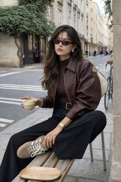 A high-quality lifestyle shot of a model wearing a brown leather bomber jacket while sitting in a European-style street setting.