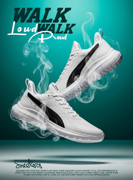 A high-energy product hero shot of white sneakers floating amidst swirling smoke on a dark teal background to emphasize speed and style.