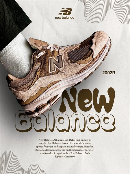 A high-fidelity product showcase featuring the 2002R sneaker centered against a clean, textured backdrop with bold typography and clear branding.