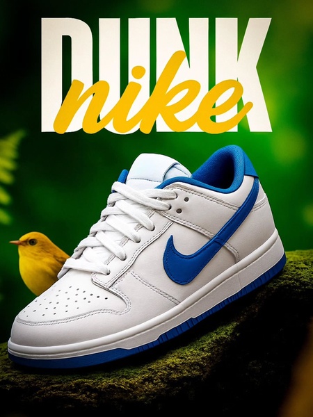 A high-quality 3:4 product hero advertisement featuring a sneaker placed on a natural mossy surface with a small yellow bird.