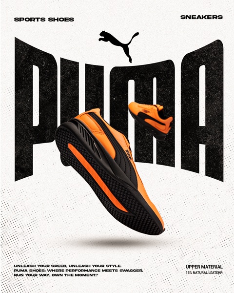 This creative showcases a pair of bright orange running shoes floating against a bold, oversized brand name backdrop to create a high-energy, performance-focused aesthetic.