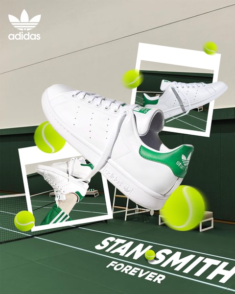 A 4:5 aspect ratio creative that uses floating sneaker imagery and tennis balls to create a dynamic, energetic sense of brand heritage.