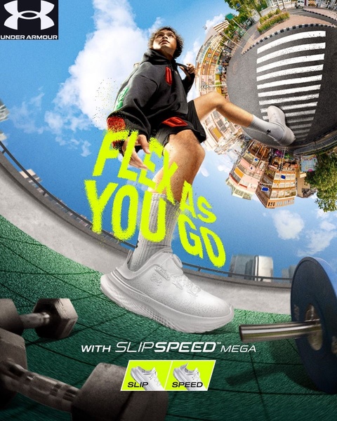 A low-angle, wide-perspective shot of a person mid-stride, featuring a running shoe against a vibrant, gravity-defying urban backdrop.