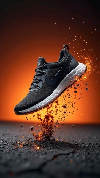 A high-performance running shoe is shown mid-air, levitating above a dark, cracked surface with embers and sparks exploding upward, creating an immediate sense of power.