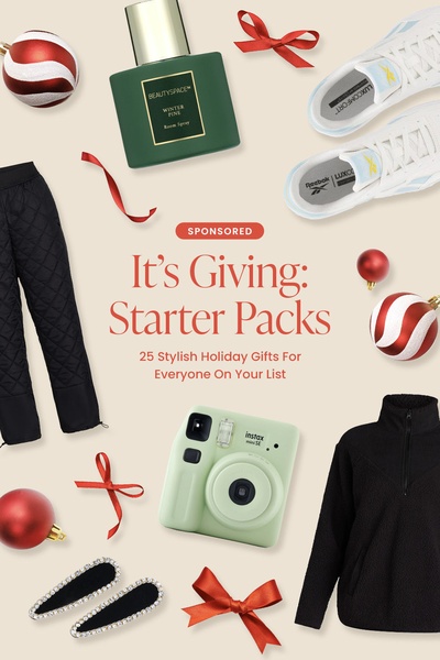 A festive flat-lay design featuring various lifestyle products including room spray, sneakers, and a camera, styled as a holiday gift guide.