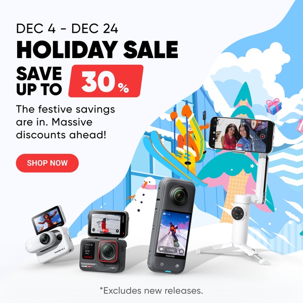 A festive, high-contrast promotional graphic featuring a collection of action cameras and a gimbal with a clear holiday discount offer.