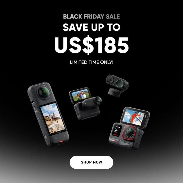 A high-contrast promotional display showing three different action camera models against a black background with a bold savings announcement.
