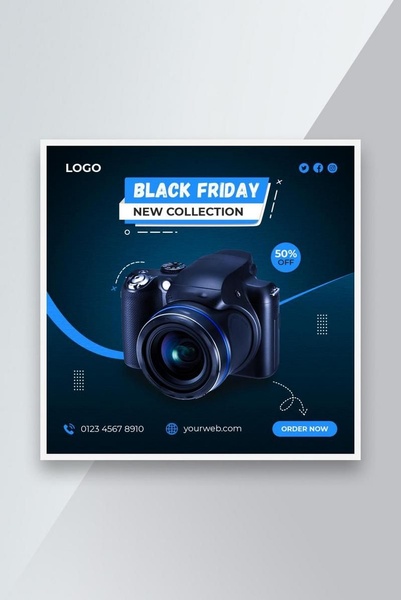 A high-contrast digital promotion showcasing a professional camera with a bold Black Friday discount banner.