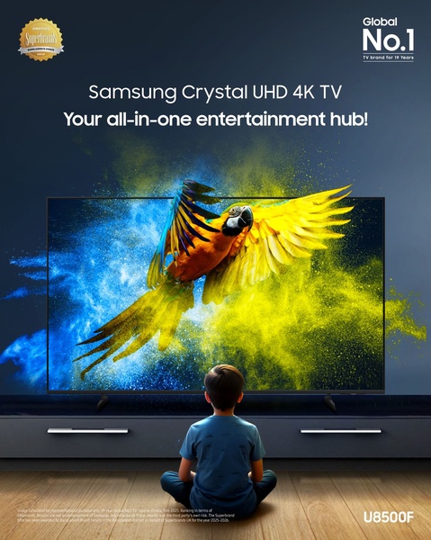A high-impact ad showcasing a vibrant, life-like image on a 4K TV screen, with a child seated in front to emphasize the immersive viewing experience.