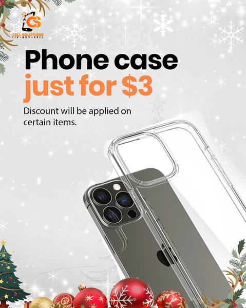 A high-contrast promotional graphic featuring a phone case with a clear price offer and festive holiday design elements.