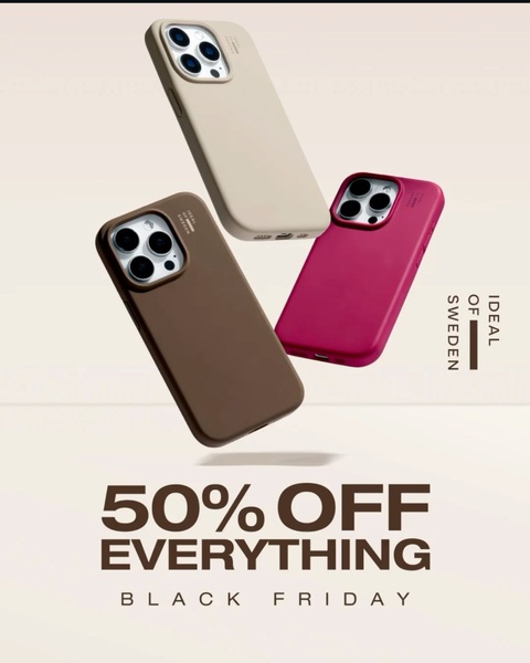 A high-contrast studio shot featuring three color variations of a phone case floating against a clean, neutral background to highlight a store-wide sale.