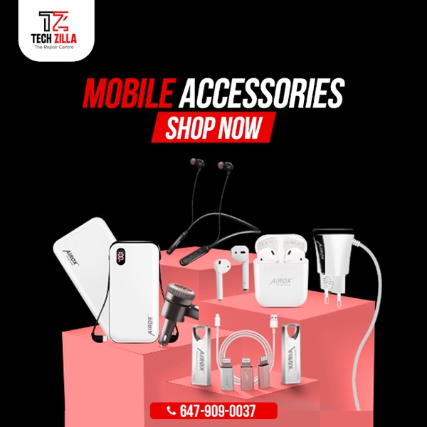 A clean, studio-lit hero image showcasing a variety of mobile accessories including power banks, earbuds, cables, and chargers against a structured platform background.