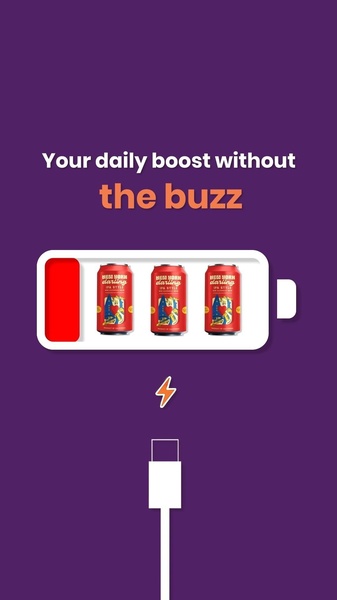 A vertical ad using a low-battery charging metaphor to illustrate an energy boost without the jittery buzz of traditional stimulants.