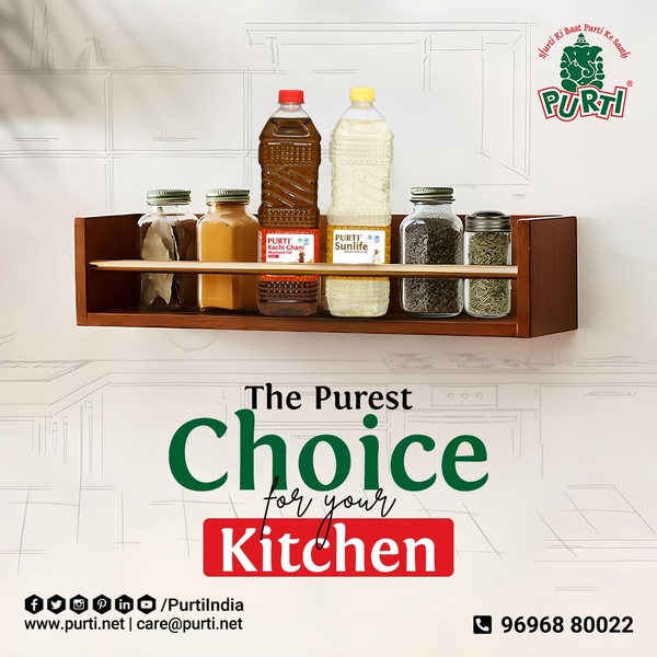 A clean, eye-level product shot showing cooking oil bottles on a kitchen shelf amidst spices, emphasizing purity and household integration.