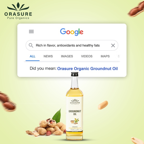 A clever ad creative that mimics a Google search result, positioning the brand's groundnut oil as the specific solution to a user's search query for healthy fats.