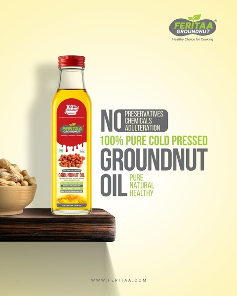 A minimalist product-focused advertisement featuring a bottle of groundnut oil, emphasizing purity and the absence of additives through clear, bold typography.