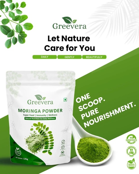 This ad features a clean, high-contrast layout showing the product packaging next to a scoop of moringa powder against a professional green and white background.