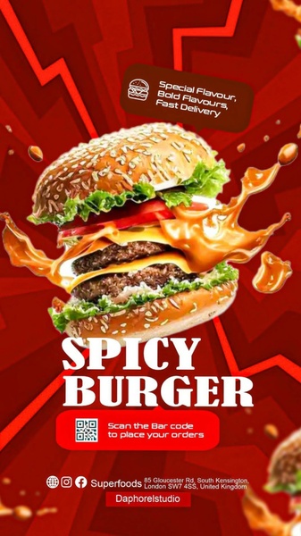 A high-impact vertical ad featuring a stylized, explosive burger graphic with a direct QR code call to action.
