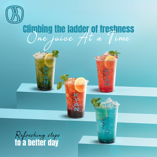 A clean, bright studio shot featuring four refreshing juices arranged on a tiered blue platform to highlight variety and vibrant ingredients.