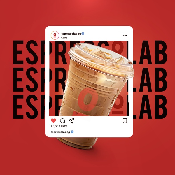 A high-contrast iced coffee product shot framed within a mobile social media platform UI to build immediate brand familiarity.