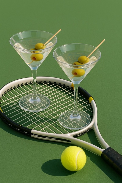A minimalist, high-contrast lifestyle image featuring two martini glasses with olives placed on a tennis racket and court.