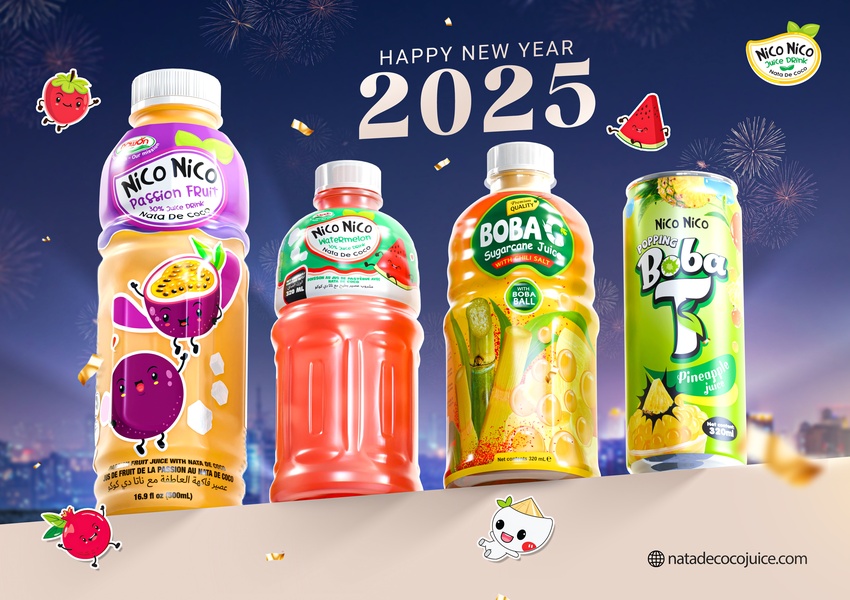 A high-resolution product shot showcasing multiple fruit juice bottles against a festive fireworks background to celebrate the new year.