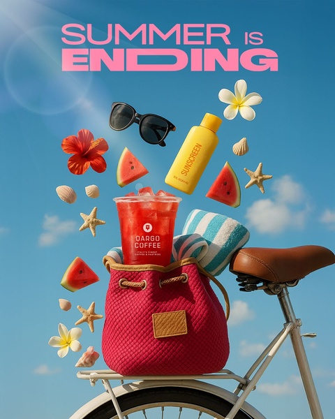 A vibrant, summer-themed composition featuring a plastic cup of red iced beverage, surrounded by floating summer accessories like sunglasses, sunscreen, and fruit slices against a clear blue sky.