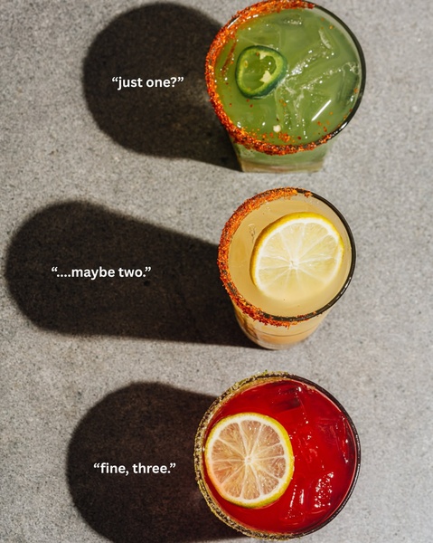 A top-down, minimalist shot of three distinct cocktails presented in a 4:5 vertical ratio, each labeled with escalating consumption dialogue.