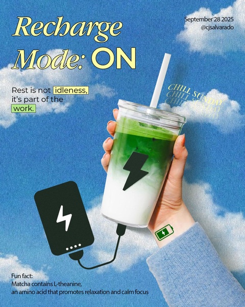 A creative featuring a matcha latte held in the sky, using a battery charging visual metaphor to convey calm energy and focus.