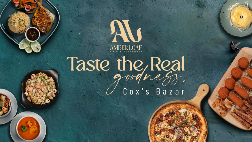 A top-down, flat-lay food advertisement showcasing a variety of dishes surrounding a central brand logo on a dark, textured background.