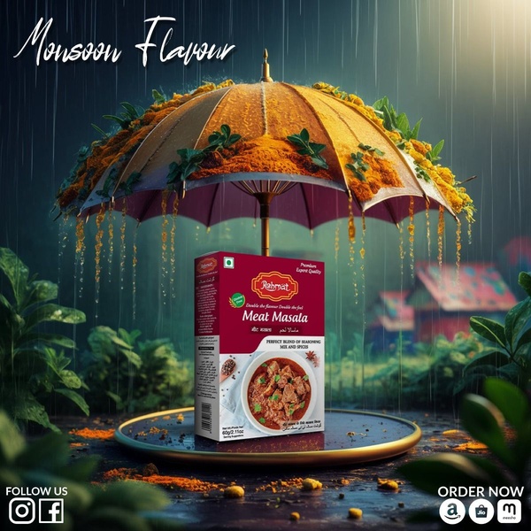 A high-concept product advertisement featuring a Meat Masala spice mix box protected by a stylized umbrella during a rainfall, emphasizing freshness and seasoning.