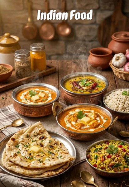 A high-quality, professional food photography composition featuring various traditional Indian dishes arranged on a rustic wooden table.