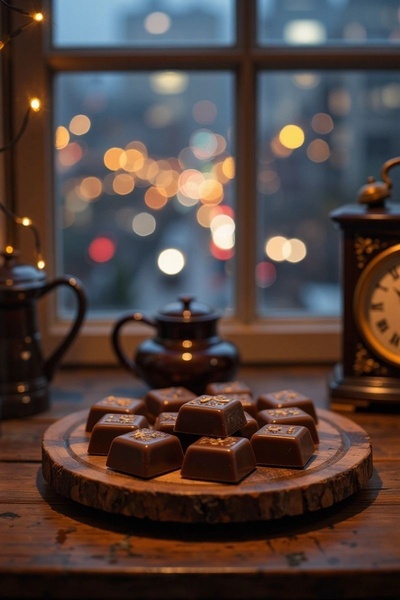 A high-quality product shot featuring artisanal chocolate squares arranged on a rustic wooden board, set against a blurry, bokeh-lit evening window background.