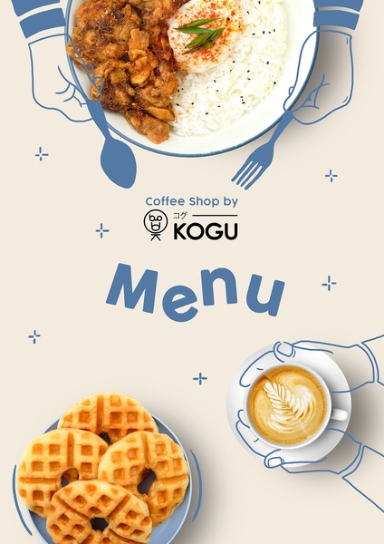 A clean, modern menu advertisement featuring high-quality photography of a chicken rice dish, waffles, and latte art, framed by illustrated hand silhouettes.