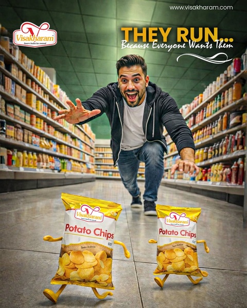 A whimsical ad featuring personified potato chip bags sprinting away from a hungry consumer in a grocery aisle.