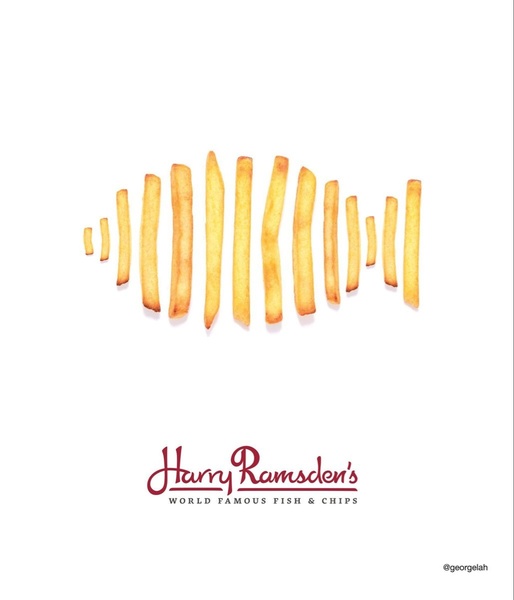 A minimalist advertisement featuring individual french fries arranged to resemble an audio soundwave on a clean white background.