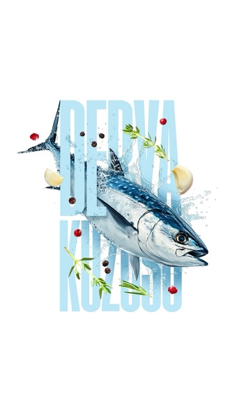 A high-fidelity product image featuring a whole tuna fish surrounded by fresh herbs and spices, set against a clean white background with bold typography.