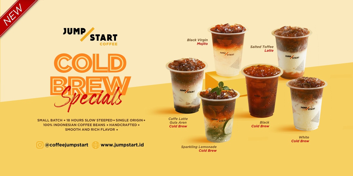 A clean, bright graphic showcasing multiple cold brew drink variations on a warm yellow background with descriptive bullet points.