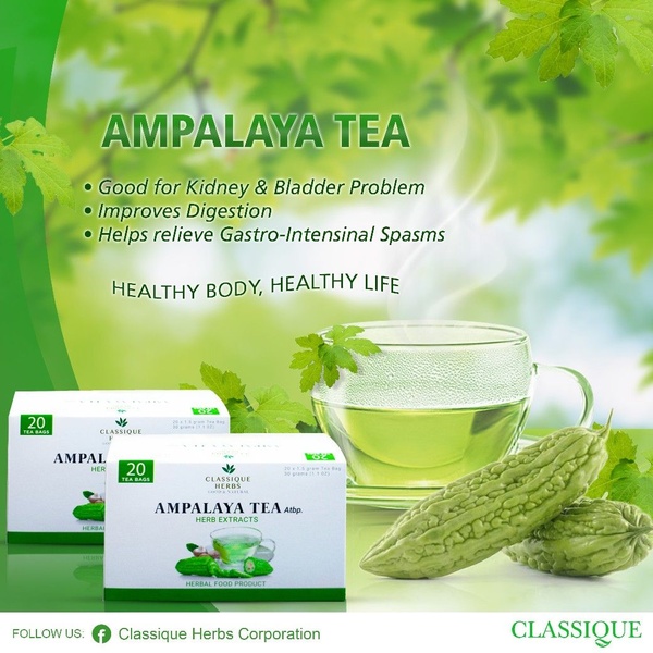 A clean, benefits-driven ad layout featuring Ampalaya tea products against a natural, green-themed background.