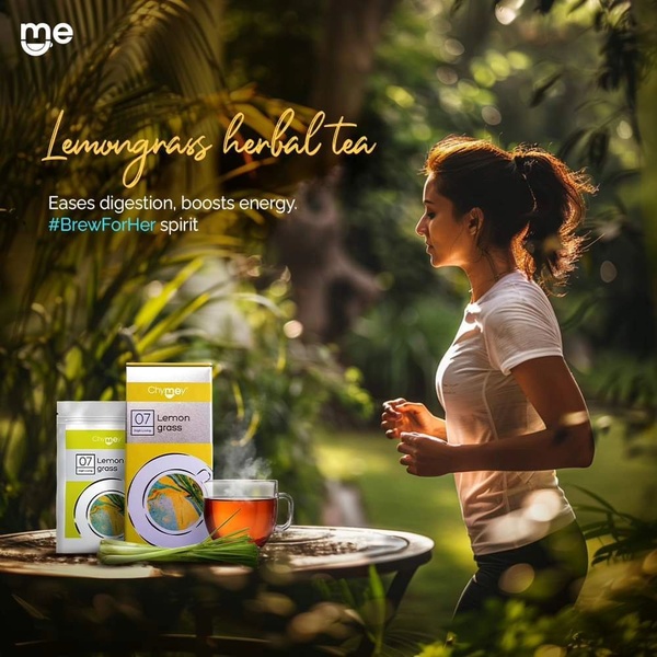 This creative pairs a serene outdoor exercise scene with product packaging to link the herbal tea directly to a healthy lifestyle.
