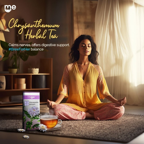 A tranquil lifestyle image featuring a woman meditating next to a pack of herbal tea, emphasizing relaxation and digestive health.