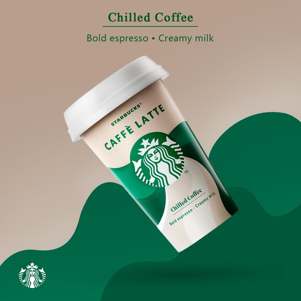 A minimalist, high-contrast product shot featuring a chilled coffee cup against a branded background with clear, descriptive typography.