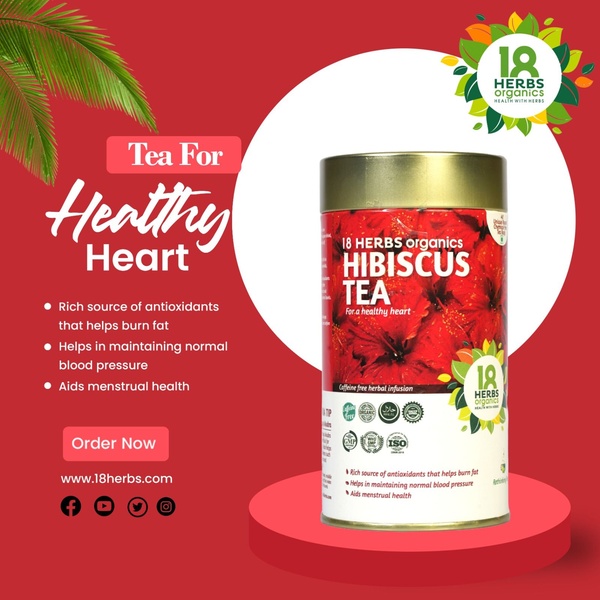 A square-format product ad featuring a clean layout that lists specific health benefits of the tea alongside a clear CTA.