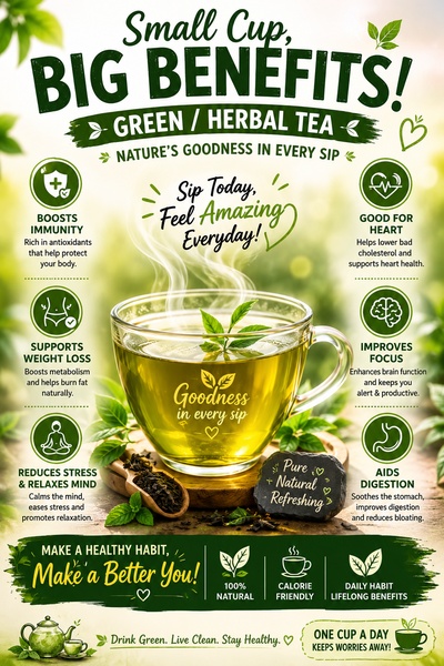 An informative green tea infographic ad that highlights six specific health benefits around a central product image.