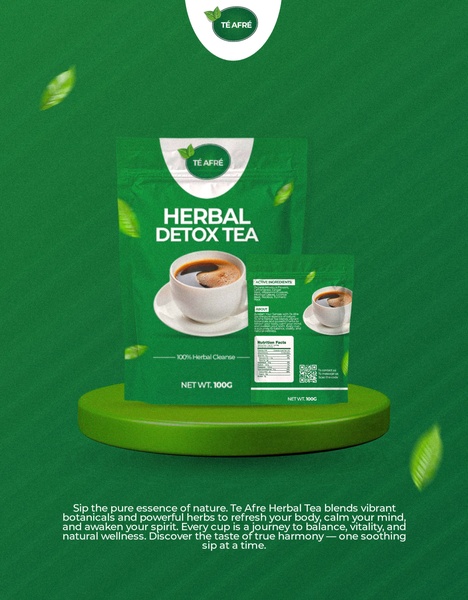A clean, green-themed product hero shot featuring the tea packaging and a prepared cup, emphasizing natural wellness and ingredient purity.