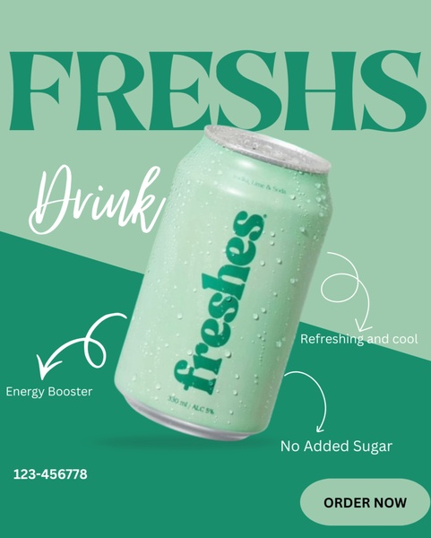 This ad creative highlights the benefits of a vodka lime soda drink using clean typography, a floating product shot, and direct callouts to its ingredients and energy-boosting qualities.