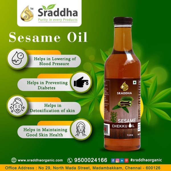 A 1:1 square graphic for organic Sesame Oil, utilizing a clean, color-blocked layout to present four specific wellness benefits clearly.