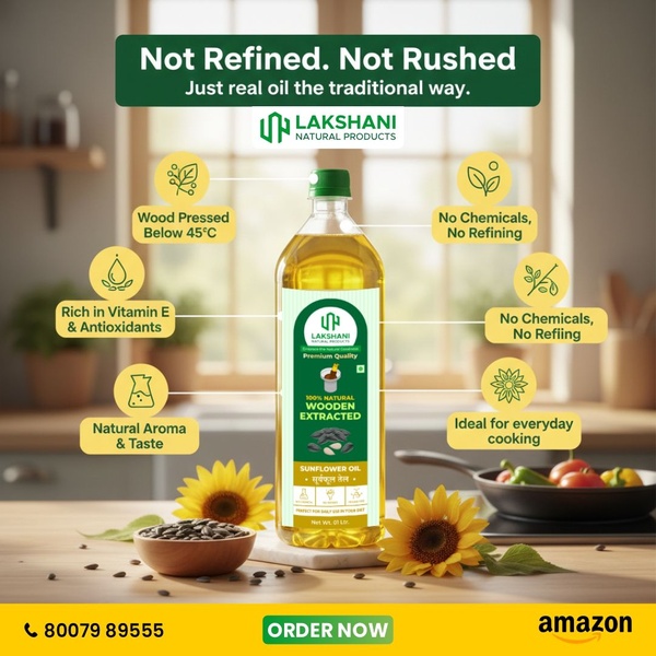 A clean, studio-lit sunflower oil bottle with clear callouts for natural manufacturing processes and health benefits, designed for direct-to-consumer clarity.